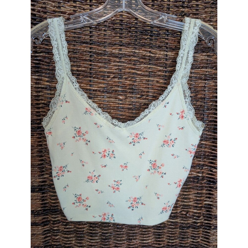 Y2K Lace Floral Crop Tank Top Women's XS Festival Preppy Fairy Cottagecore Boho